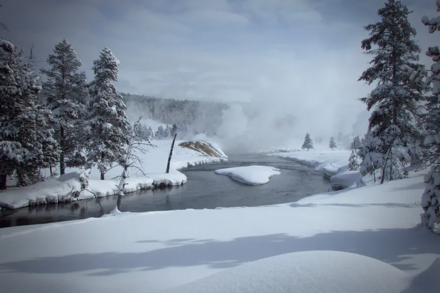 Geysers in Snow Geysers Basin covered in Snow - Yellowstone National Park